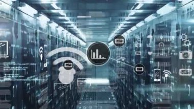 Bilgisayar sunucuları üzerinden simgeler ve veri işleme ağlarının animasyonu. Küresel hesaplama, bağlantılar, ağlar ve veri işleme kavramı dijital olarak oluşturulmuş video.