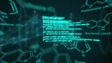 DNA ipliği üzerinde matematiksel denklemlerin animasyonu. Küresel bilim teknolojisi ve veri işleme kavramı dijital olarak oluşturulmuş video.