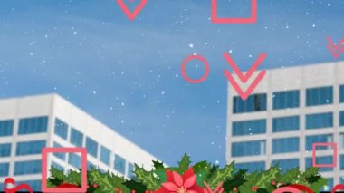 Şehir manzarasına düşen şekillerin ve karın animasyonu. Soyut arkaplan, şablon ve dijital arayüz kavramı dijital olarak oluşturuldu.