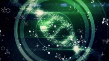 Çoklu moleküllerin animasyonu, veritabanı ve siyah arkaplan üzerinde aydınlatılmış DNA sarmalı. Dijital olarak üretilmiş, hologram, ışık, araştırma, genetik, sağlık ve teknoloji kavramı.