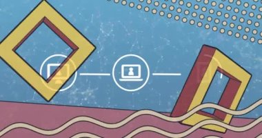 Dijital simge ağının animasyonu ve bağlantı ağına karşı soyut şekiller. Küresel ağ ve iş teknolojisi kavramı