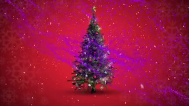 Kırmızı zemine düşen kar ve noel ağacının üzerindeki mor örgü animasyonu. Noel şenliği, kış, gelenek ve dijital olarak oluşturulan kutlama konsepti.