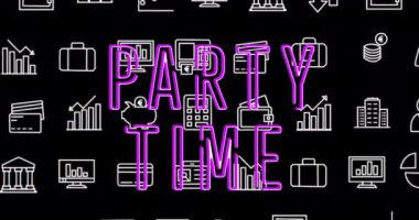 Siyah arkaplandaki simgeler üzerinden parti zamanı metninin canlandırması. Parti ve kutlama konsepti dijital olarak oluşturuldu.