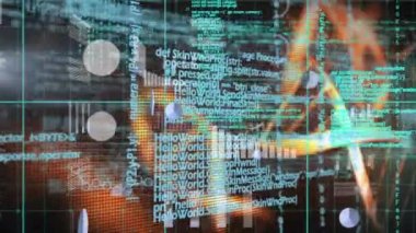 Siyah arka plandaki DNA iplikçiklerinin üzerinde veri işleme animasyonu. Küresel teknoloji, bilgisayar ve dijital arayüz kavramı dijital olarak oluşturulmuş video.