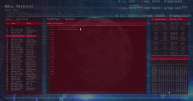 6G metin üzerinde veri işleme ile arayüzün animasyonu ve mavi arkaplan üzerinde dönen dünya. Küresel ağ ve iş teknolojisi kavramı