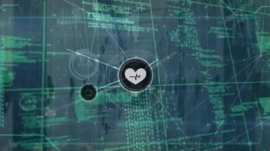 Bilgisayar sunucuları üzerindeki simgelerle bağlantı ağının animasyonu. Küresel hesaplama, bağlantılar, ağlar ve veri işleme kavramı dijital olarak oluşturulmuş video.