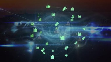 Profil simgeleri ağının animasyonu ve mavi dijital dalgaya karşı finansal simgelerin küresi. Küresel ağ ve iş teknolojisi kavramı