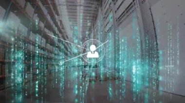 Deponun üzerindeki simgeler ve veri işleme ağlarıyla bağlantıların animasyonu. Küresel hesaplama, bağlantılar, ağlar ve veri işleme kavramı dijital olarak oluşturulmuş video.