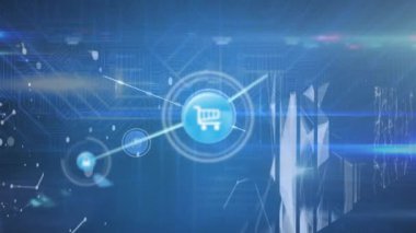 Bilgisayar sunucuları üzerinden simgeler ve veri işleme ağlarının animasyonu. Küresel hesaplama, bağlantılar, ağlar ve veri işleme kavramı dijital olarak oluşturulmuş video.