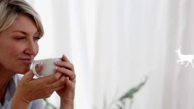 Kafkasyalı bir kadının kahve içmesi üzerine Noel Baba 'nın ren geyiğiyle kızakta oluşu. Yaşam tarzı, ışık ve şablon konsepti dijital olarak oluşturulmuş video.