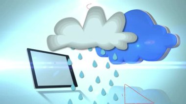 Mavi arkaplanda tablet üzerinde bulut simgesi ve matematiksel denklemlerin animasyonu. Küresel teknoloji, bilgisayar ve dijital arayüz kavramı dijital olarak oluşturulmuş video.