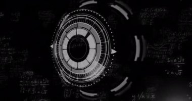 Animation of data processing and scope scanning with mathematical equations on black background. Global technology, computing and digital interface concept digitally generated video.