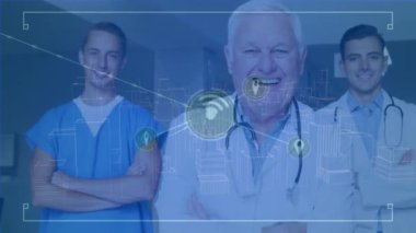 Çeşitli doktorlar üzerinden dijital şehirle bağlantı ağının animasyonu. Küresel tıp, bağlantılar ve dijital arayüz konsepti dijital olarak oluşturulmuş video.