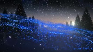 Kar yağışının animasyonu ve kış manzarasında köknar ağaçlarıyla mavi örgü. Noel şenliği, kış, gelenek ve dijital olarak oluşturulan kutlama konsepti.
