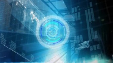 Ekranlarda tarama ve veri işleme alanlarının animasyonu. Dijital olarak oluşturulmuş küresel bağlantılar, hesaplama ve veri işleme kavramı.