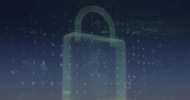 Dijital asma kilit ve veri işleme animasyonu. Dijital olarak oluşturulmuş küresel çevrimiçi güvenlik, finans, bilgisayar ve veri işleme kavramı.