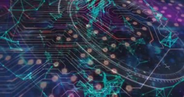 Yuvarlak tarayıcı ve mikroişlemci bağlantılarının mavi arkaplandaki ışık izlerinin animasyonu. Bilgisayar arayüzü ve iş teknolojisi kavramı