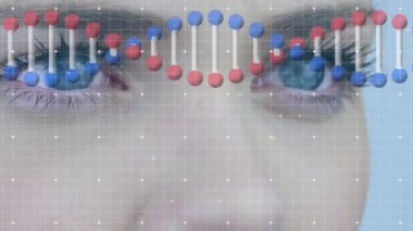Kafkasyalı bir kadının gözlerinin üzerinde DNA iplikçiklerinin ve çizgilerinin canlandırılması. Küresel bilim ve dijital arayüz kavramı dijital olarak oluşturulmuş video.