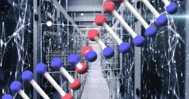 Sunucu odasında veri işlenen DNA iplikçiklerinin animasyonu. Küresel teknoloji, bilgisayar ve dijital arayüz kavramı dijital olarak oluşturulmuş video.