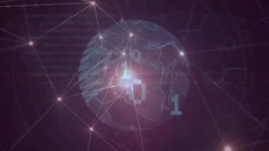 Animation of data processing and network of connections over globe on black background. Global technology, computing and digital interface concept digitally generated video.