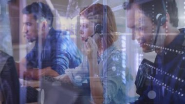 Animation of data processing over diverse business people in office. Global business and digital interface concept digitally generated video.