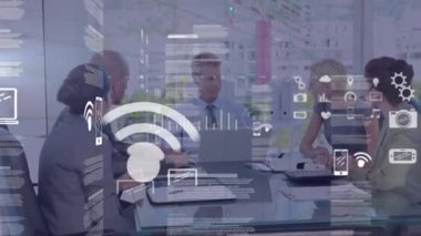 Animation of data processing over diverse business people at office. Global business, computing and digital interface concept digitally generated video.