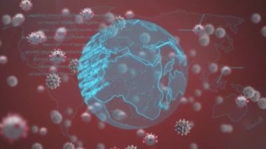 Dünya üzerinde covid-19 hücreleri ve veri işleme animasyonu ve dünya haritası kırmızı arka planda. Covid-19 salgın konsepti