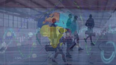 Grafikler, sayılar, dünya, sarayda yürüyen yorgun basketbolcu için boş depo animasyonu. Dijital bileşik, çoklu pozlama, küreselleşme, rapor, dağıtım, büyüme sporları konsepti.