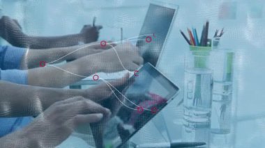 Animation of shapes over diverse business people in office. Global business and digital interface concept digitally generated video.