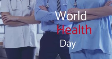 Dünya Sağlık Gününün animasyonu çeşitli doktorlara yazılmış bir metin. Küresel tıp, sağlık ve dijital arayüz kavramı dijital olarak üretilen video.
