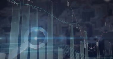 İstatistik ve finansal veri işleme animasyonu. Dijital olarak oluşturulmuş küresel çevrimiçi güvenlik, finans, bilgisayar ve veri işleme kavramı.