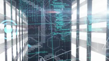 Altıgen şekillerin animasyonu ve mavi arkaplana karşı ışık yollarında işlenen veri işlemesi. Bilgisayar arayüzü ve iş teknolojisi kavramı