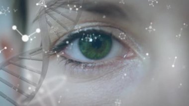 Kafkasyalı bir kadının gözü üzerinde DNA ipliği ve moleküllerin canlandırılması. Küresel bilim, bilgisayar ve dijital arayüz kavramı dijital olarak oluşturulmuş video.