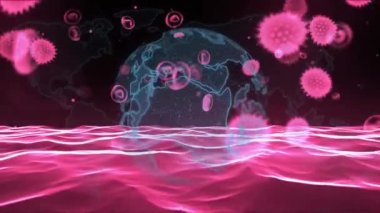 Pembe dijital dalgaya karşı dönen dünyanın üzerinde yüzen covid-19 hücrelerinin animasyonu. Covid-19 salgın konsepti