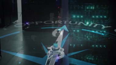 Bir bilgisayar sunucu odasına karşı fırsatları gösteren bir pusula siber güvenlik ve veri depolama teknolojisi kavramını temsil ediyor. Küresel iş bağlantıları ve dijital arayüz konseptini dijital olarak oluşturur.