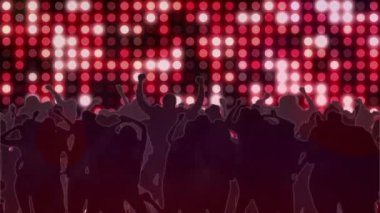Parlayan disko ayna küre ışıklarının ve dans eden insanların siluetinin animasyonu. Yeni yıl arifesi, parti, Noel ve kış şenliği konsepti dijital olarak oluşturuldu.