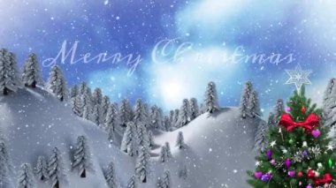 Mutlu noel mesajları ve kar yağışının yılbaşı ağaçları ve karla kaplı dağlarda canlandırılması. Kozalaklı ağaçlar, dijital olarak üretilmiş, Noel şenliği, gelenek ve kış tatili konsepti.