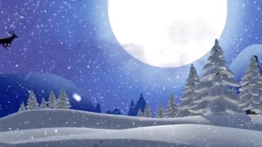 Kar yağışının animasyonu ve Noel Baba 'nın kış manzarası boyunca ren geyikleriyle kızakta olması. Noel, gelenek ve kutlama konsepti dijital olarak oluşturuldu.