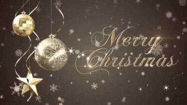 Noel tebriklerinin animasyonu. Mücevherler ve kahverengi zemine yağan kar üzerine yazılmış mesajlar. Noel şenliği, kış, gelenek ve dijital olarak oluşturulan kutlama konsepti.