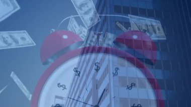Şehir manzarası üzerinde dolar banknotları ve çalar saatin animasyonu. Küresel iş, bilgisayar ve dijital arayüz kavramı dijital olarak oluşturulmuş video.
