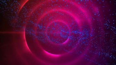 Parçacıkların canlanması dalga deseni oluşturur ve soyut arkaplanda daireler çizer. Dijital olarak üretilen hologram, illüstrasyon, vektör, tasarım, aydınlatma, simetri ve teknoloji kavramı.