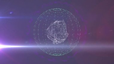 Parlayan ışık noktalarının animasyonu ve veri işleme ve karanlık arkaplanda bağlantıları olan küre. Dijital olarak oluşturulmuş küresel bağlantılar, hesaplama ve veri işleme kavramı.