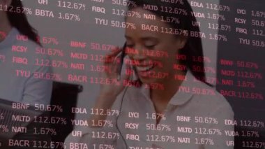 Çok ırklı müşteri temsilcisinin kulaklıkla konuşması üzerine ticaret kurulunun animasyonu. Dijital bileşik, çoklu pozlama, çağrı merkezi, yatırım, iletişim ve teknoloji konsepti.