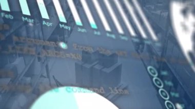 Depodaki finansal veri işleme animasyonu. Küresel gönderim, dağıtım ve dijital arayüz kavramı dijital olarak oluşturulmuş video.