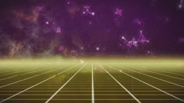 Meta-zemin üzerinde hareket eden parlak ışık ve moleküllerin animasyonu. Bilim ve araştırma konsepti dijital olarak oluşturulmuş video.