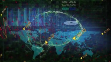 Dünya haritası ve veri işleme karşı beyin simgesi üzerinde finansal veri işleme animasyonu. Küresel finans ve tıbbi araştırma teknolojisi kavramı