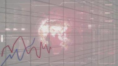 Siyah arka planda dünya ile veri işleme animasyonu. Küresel teknoloji, bilgisayar ve dijital arayüz kavramı dijital olarak oluşturulmuş video.