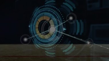 Basketbol oynayan erkek basketbolcuya karşı veri işleme arayüzü animasyonu. Spor teknolojisi kavramı