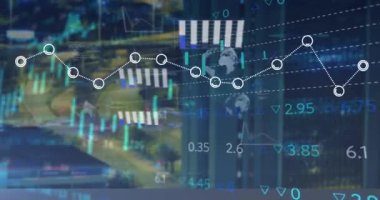 Gece şehir trafiğinin hava görüntüsü üzerinden istatistiksel ve borsa veri işleme animasyonu. Küresel ağ ve iş veri teknolojisi kavramı