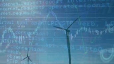 Rüzgar türbinleri üzerinde finansal veri işleme animasyonu. Küresel çevre, sürdürülebilirlik, rüzgar enerjisi, hesaplama, bağlantılar ve veri işleme kavramı dijital olarak oluşturulmuş video.